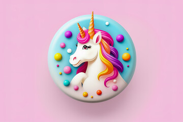 A round badge of a unicorn on it.