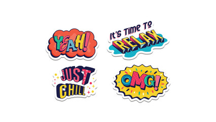 Funny cute comic badges. Set of Various Patches, pins, stickers. Different Phrases and words. Trendy Vector illustrations. Cartoon style. Cool typography.