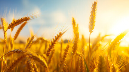 golden wheat field at sunset - Wheat field. Ears of golden wheat close up. Beautiful Nature Sunset Landscape. Rural Scenery under Shining Sunlight. Background of ripening ears of wheat field.  Ai - obrazy, fototapety, plakaty
