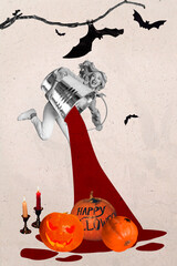 Boo scary happy halloween lumberjack girl prepare event pouring blood bucket jumping have fun...