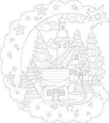 Cartoon Christmas village in snow with trees and stars sketch template. Winter vector illustration of houses in black and white for games, background, pattern, decor. Coloring paper, page, story book.