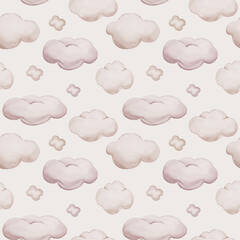 Seamlesss pattern with cartoon clouds, magic baby bear bunny toys and cow. Watercolor hand drawn illustration with white background
