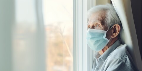 grandfather in a mask is sitting by the window - protection from the virus - obrazy, fototapety, plakaty