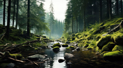 Landscape image of a creek, brook, stream or narrow river flowing through a lush forest - obrazy, fototapety, plakaty
