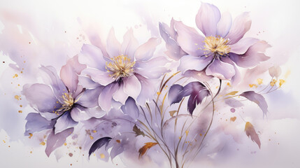 a painting of purple flowers on a white background.   Watercolor Painting of a Olive color flower, Perfect for Wall Art.