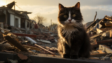 Obraz premium A frightened cat sits on the wreckage of a house.