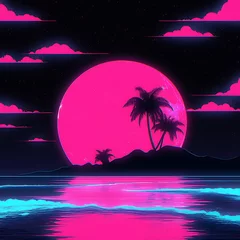 Foto op Canvas Neon pink cyan vaporwave neon retro full moon, stars, beach. Generative AI  © GaMe