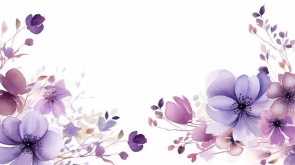Watercolor floral wreath of purple flowers on a white background, lilac branches and foliage. Botanical illustration of flowers. Wedding decorations for design.