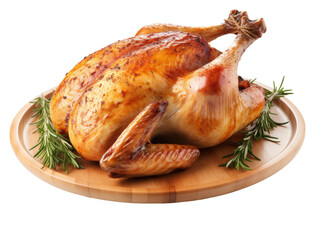 Roasted rosemary chicken or turkey on wooden  plate isolated on transparent background, generated by IA