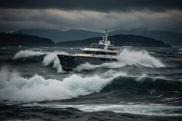 Navigate the dangerous sea or ocean waters with a sizable yacht braving massive waves in this captivating scene. Ai generated