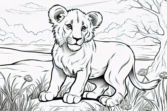 Kids coloring book image, lion cub, basic line drawing, simple image for young children to be able to color in.