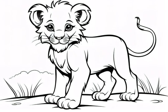 Kids coloring book image, lion cub, basic line drawing, simple image for young children to be able to color in.