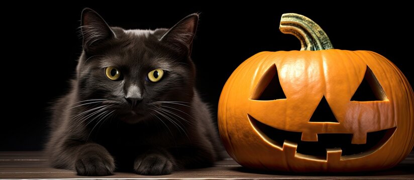 Spooky Halloween holiday with scary pumpkin black cat and evil superstitions With copyspace for text