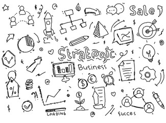 doodle art strategic business hand drawn vector simple. with flowchart, statistic and element component business.	
