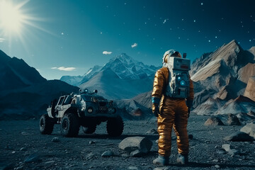 Man in space suit standing on rocky surface red planet Mars with vehicle in the background.
