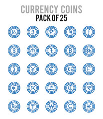 25 Currency Coins. Two Color icons Pack. vector illustration. - obrazy, fototapety, plakaty