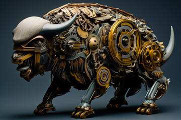 Mechanical buffalo on solid background.