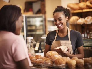 Photo sur Plexiglas Boulangerie Photo of smiling African female seller giving bread to woman in cake shop