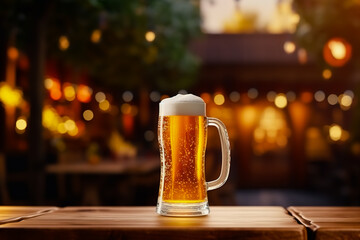 Mug of beer sitting on top of wooden table in restaurant.