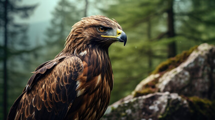 Golden eagle looking around. A majestic golden eagle takes in its surroundings from its spot amongst moorland vegetation.
