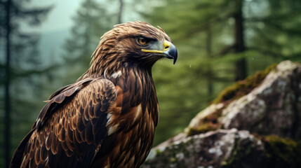 Fototapeta premium Golden eagle looking around. A majestic golden eagle takes in its surroundings from its spot amongst moorland vegetation.