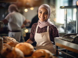 Photo of a smiling Muslim female seller in a cake shop - Powered by Adobe