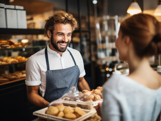 Photo of smiling male seller giving bread to woman in cake shop