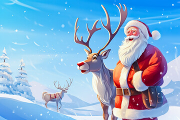 Santa Claus and reindeer standing in the snow with blue sky in the background. Cartoon style.