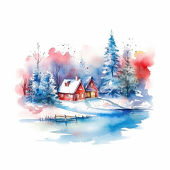 Watercolor red cabin in snow
