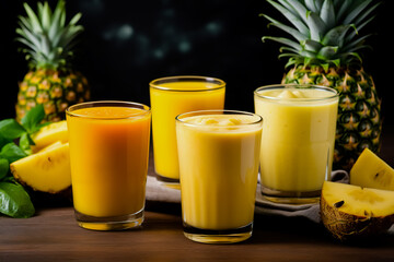 Mango-pineapple smoothies in various glasses.