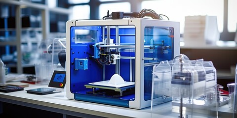 3D printer of plastic parts on the topic of technology and innovation