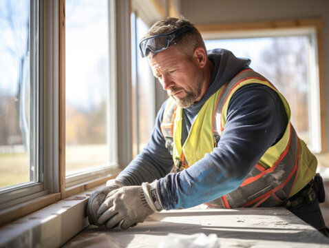 Construction worker in protective gloves repair sliding window frame in house