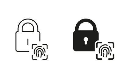 Padlock and Finger Print Biometric Identification Line and Silhouette Icon Set. Unique Thumbprint, Safety Privacy Symbol Collection. Lock with Fingerprint ID Pictogram. Isolated Vector Illustration