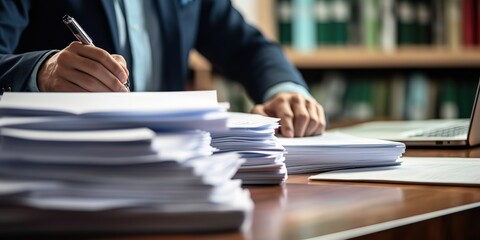 A businessman working in the field of financial accounting, with a bunch of documents on the table at home