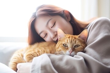 A girl hugs a red cat