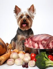 happy Dog and a lot of raw fresh meat in white studio, natural organic food for pets