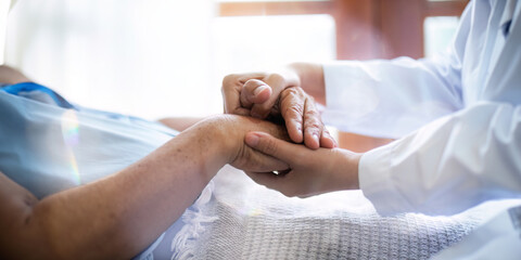 Empathy, trust and nurse caregiver holding hands with patient. consulting support and healthcare...