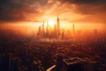 Futuristic city skyline at sunset, warm tones, busy aerial traffic, a blend of modernity and nature, capturing the city's transition from day to night Created with Generative AI	 - obrazy, fototapety, plakaty