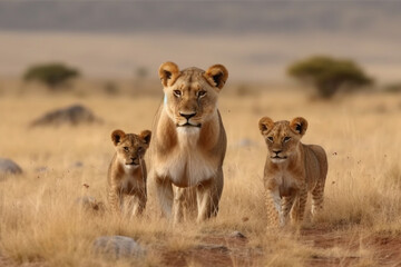 Fototapeta na wymiar Witness the beauty of motherhood as a lioness gracefully navigates the vast savannah landscape with her adorable little cubs. Ai generated