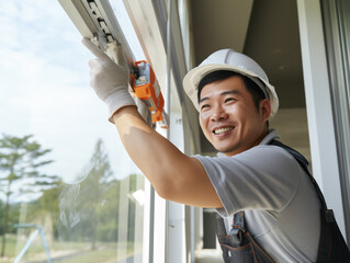 Smiling Asian construction worker in protective gloves repairing sliding window frame at home