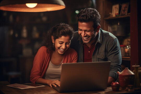 Indian Couple Using Laptop At Home.