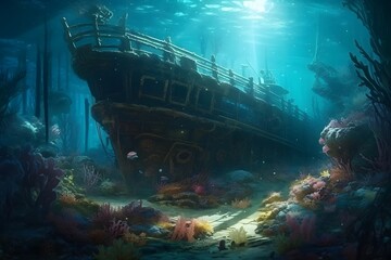 Mysterious underwater world with an ancient shipwreck nestled among the coral, shafts of sunlight penetrating the depths, an atmosphere of exploration and discovery. Created with Generative AI	 - obrazy, fototapety, plakaty