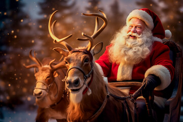santa claus on sleigh in christmas atmosphere, christmas decoration, snow, dreamy sweet moment, background with soft light and bokeh - obrazy, fototapety, plakaty