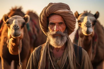 Fototapeten old age man walking with camels in the desert. © PIX OF WORLD AI
