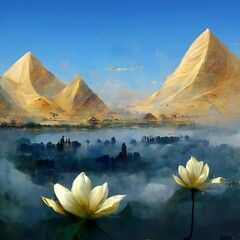 Fototapeta na wymiar sky Box simple design many Lotus Flowers Mountains in fog Egypt inviroment very artistic digital brushes painting 8k 