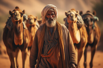 old age man walking with camels in the desert. - Powered by Adobe