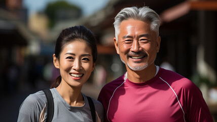 Two runners enthusiastically jogging on a sunny day, a woman and a man running a marathon.Generative AI