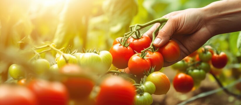 Soft focus organic farming hand picking tomatoes With copyspace for text