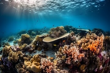 Vibrant underwater coral reef teeming with colorful fish and marine life, crystal-clear waters, capturing the beauty and biodiversity of the ocean. Created with Generative AI	