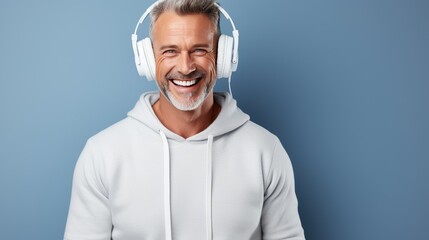 Cheerful caucasian mature man listening to the music in headphones isolated over blue background. - obrazy, fototapety, plakaty